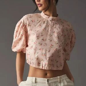 By Anthropologie Floral Cropped Bubble Sleeve Top Large Soft Girl Cottagecore